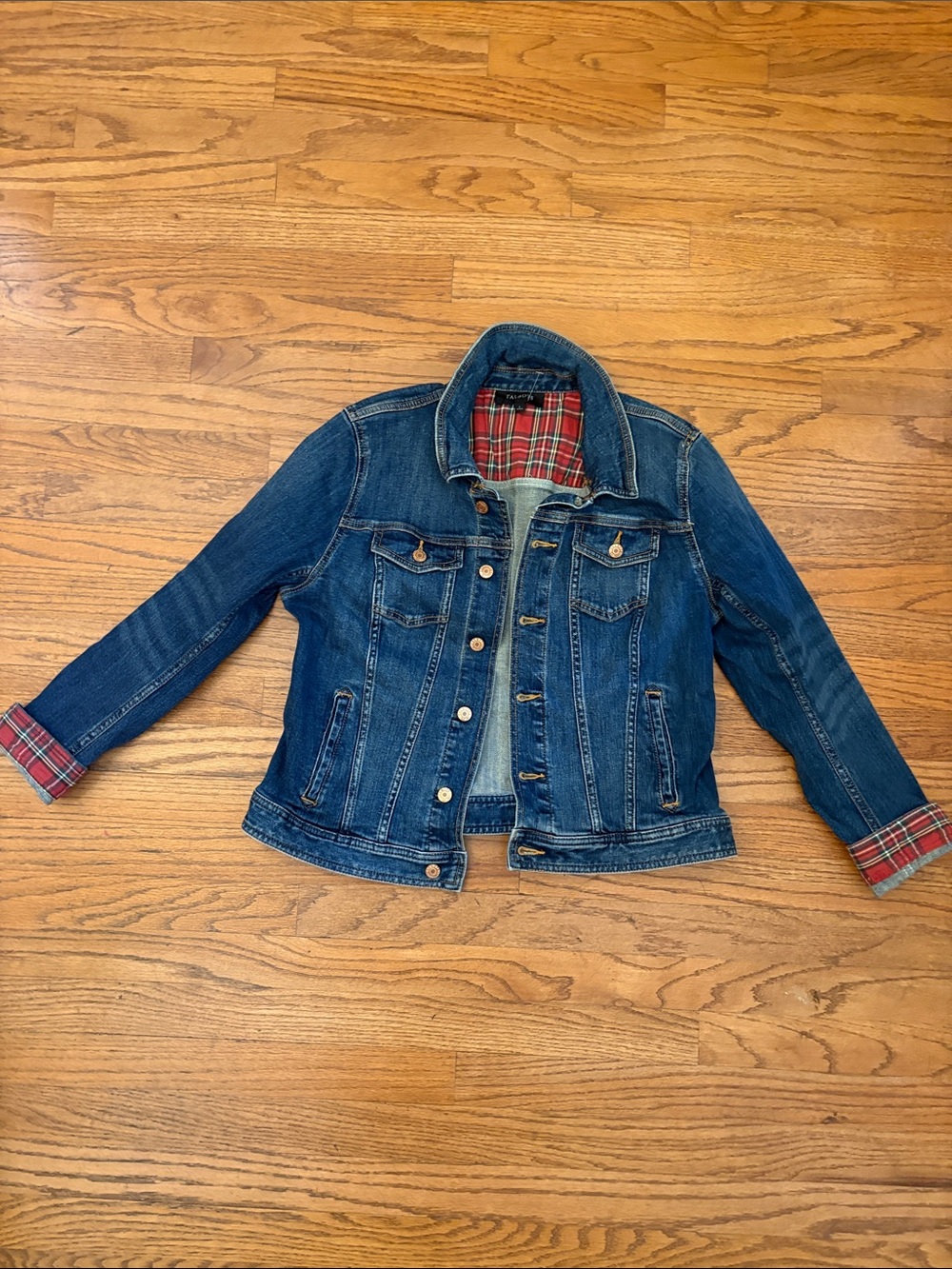 Talbots Blue Denim Jacket with Red Plaid Trim
